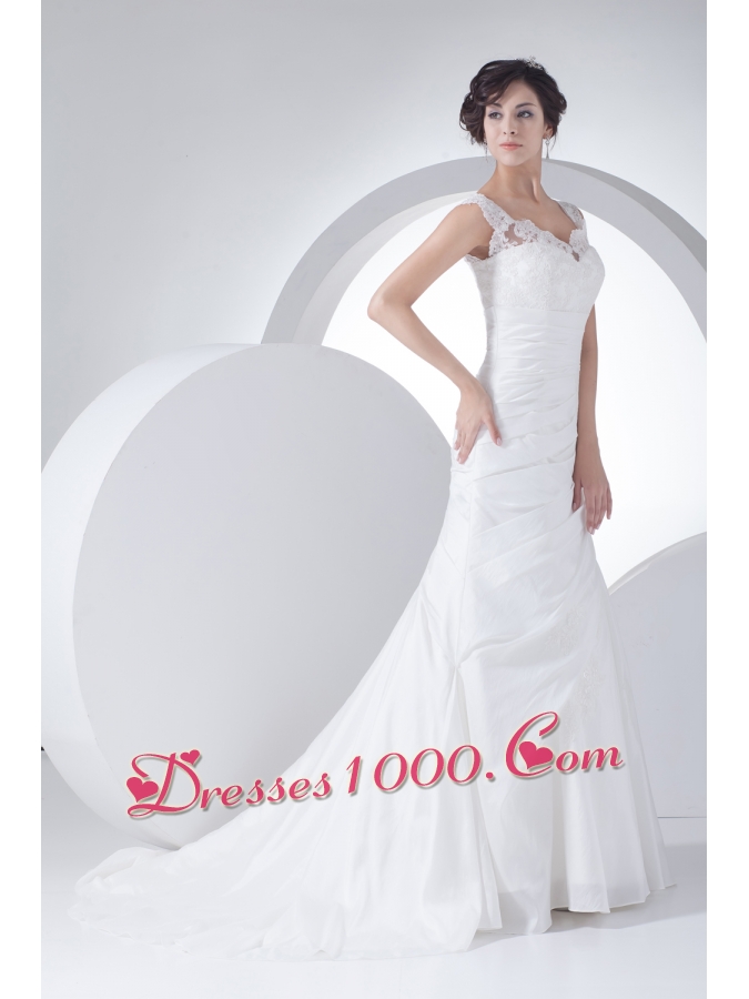 V-neck Column Appliques Ruching Brush Train Wedding Dress