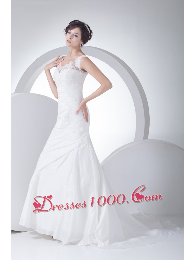 V-neck Column Appliques Ruching Brush Train Wedding Dress