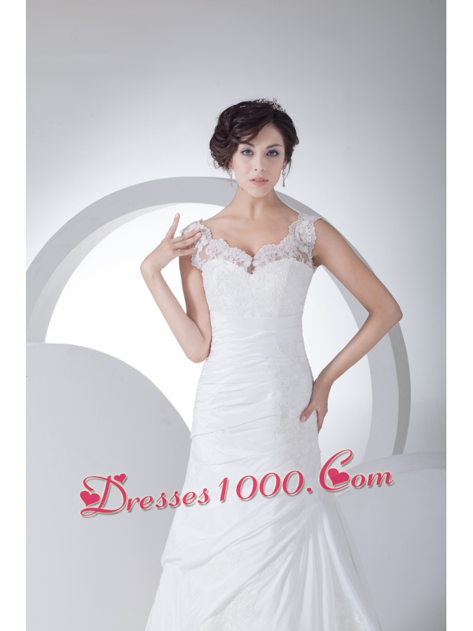 V-neck Column Appliques Ruching Brush Train Wedding Dress