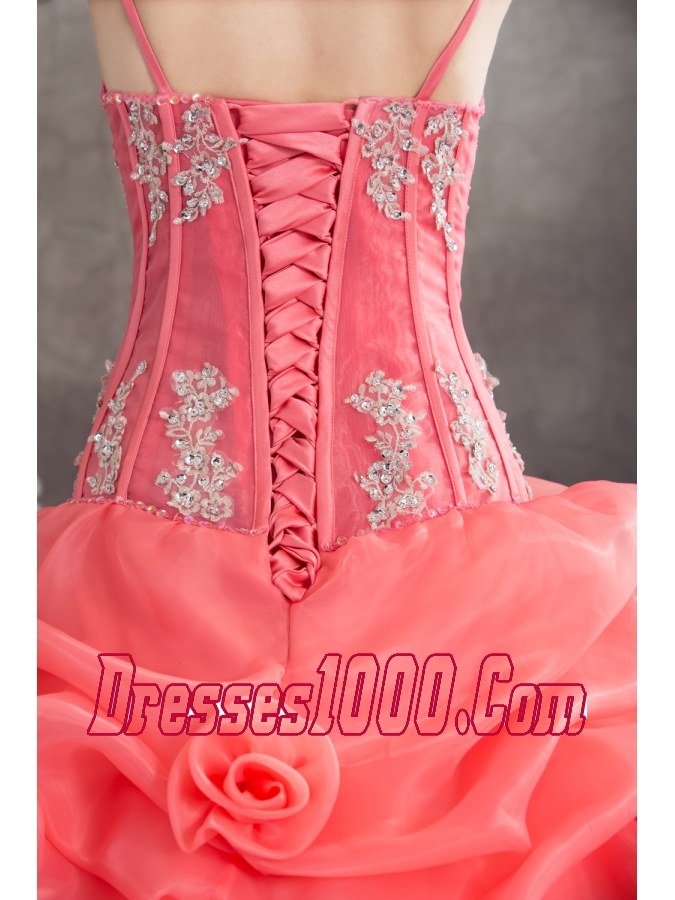 Watermelon Spaghetti Straps Appliques Pick-ups Long Quinceanera Dress