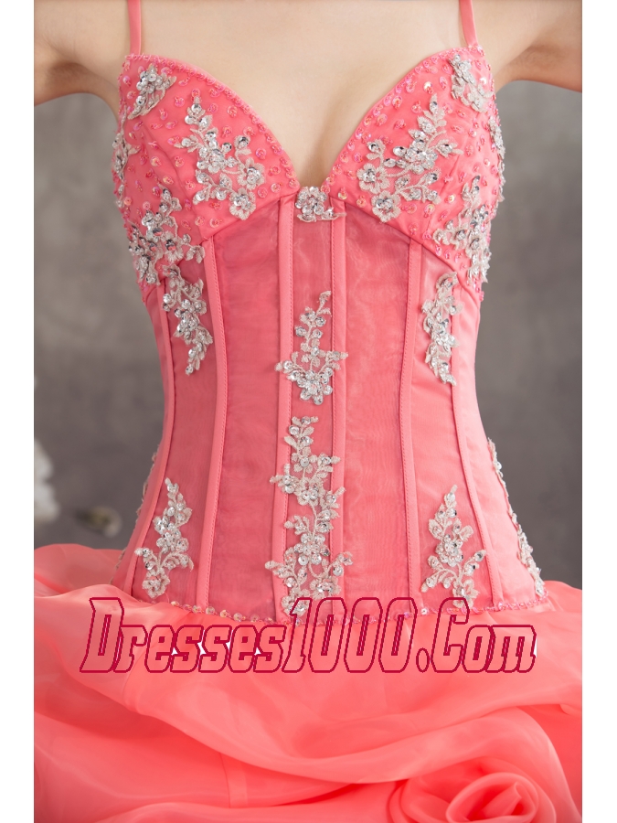 Watermelon Spaghetti Straps Appliques Pick-ups Long Quinceanera Dress