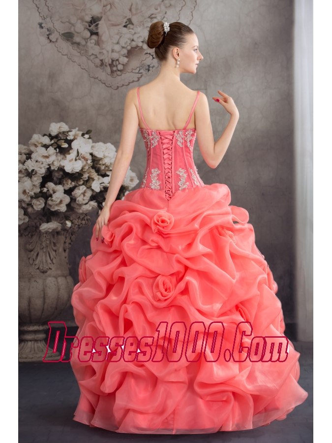 Watermelon Spaghetti Straps Appliques Pick-ups Long Quinceanera Dress