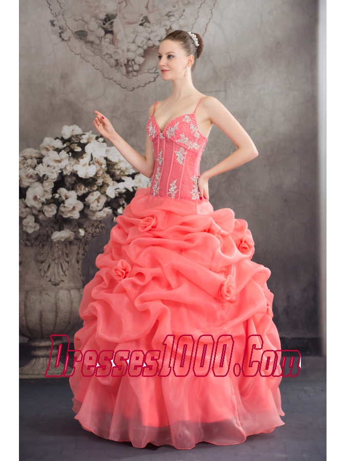 Watermelon Spaghetti Straps Appliques Pick-ups Long Quinceanera Dress