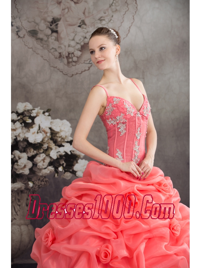 Watermelon Spaghetti Straps Appliques Pick-ups Long Quinceanera Dress