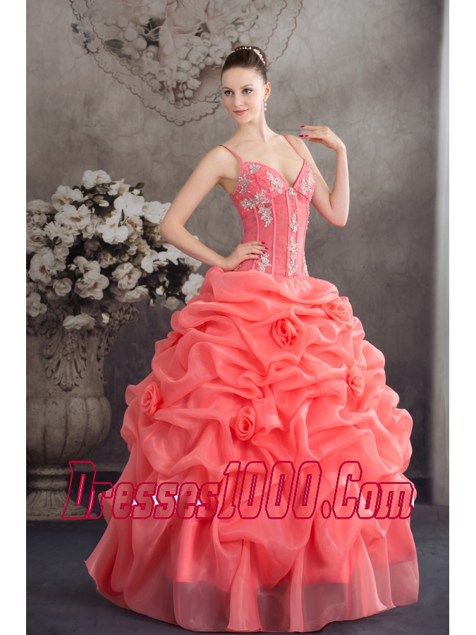 Watermelon Spaghetti Straps Appliques Pick-ups Long Quinceanera Dress