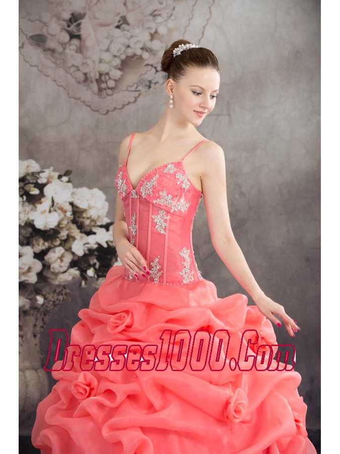 Watermelon Spaghetti Straps Appliques Pick-ups Long Quinceanera Dress