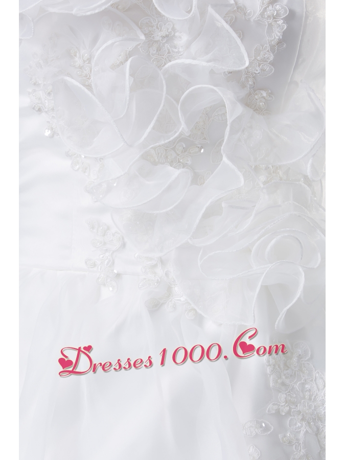 White A-line Hand Made Flowers Court Train Wedding Dress