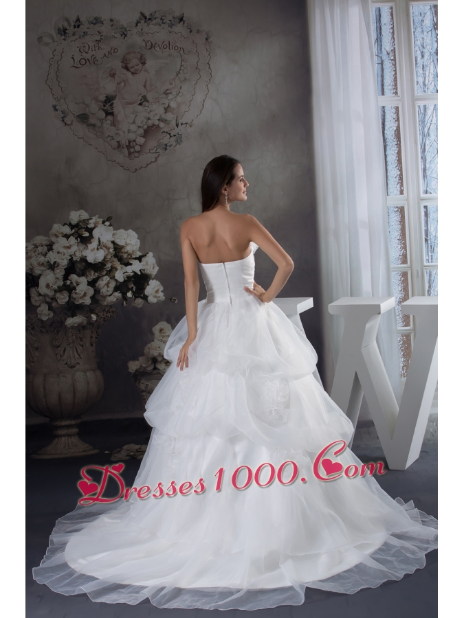 White A-line Hand Made Flowers Court Train Wedding Dress