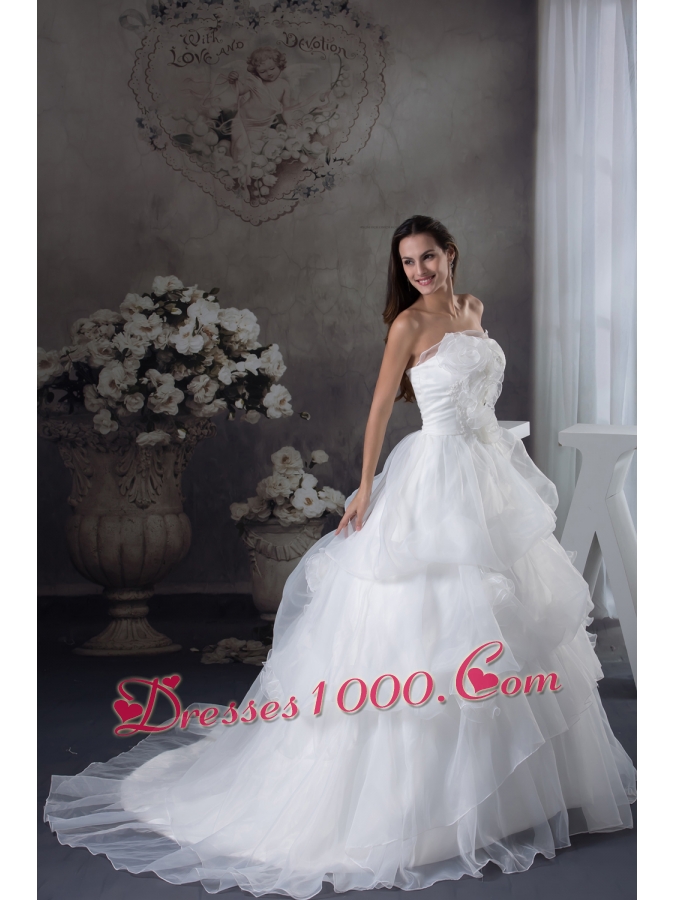 White A-line Hand Made Flowers Court Train Wedding Dress