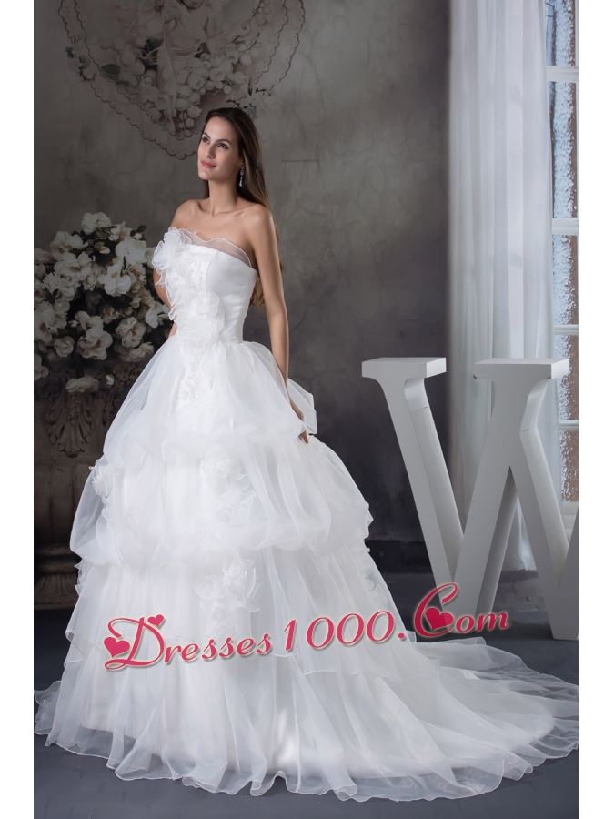 White A-line Hand Made Flowers Court Train Wedding Dress