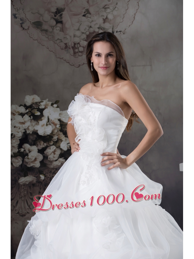 White A-line Hand Made Flowers Court Train Wedding Dress