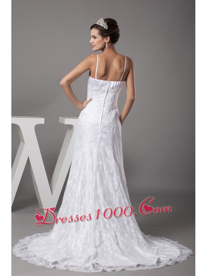 A-line Spaghetti Straps Lace Court Train Wedding Dress