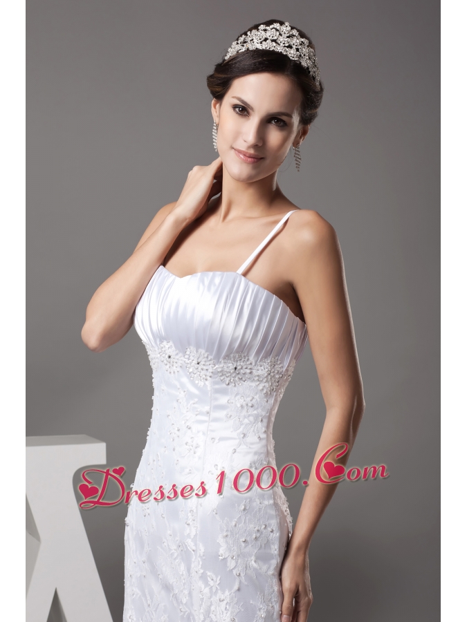 A-line Spaghetti Straps Lace Court Train Wedding Dress