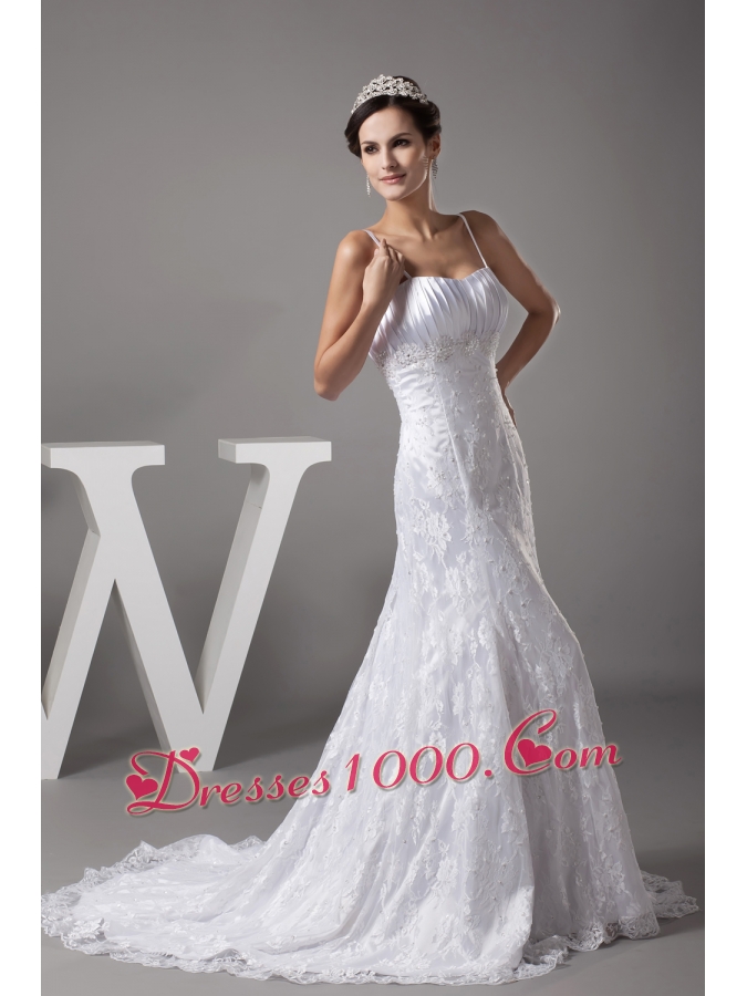 A-line Spaghetti Straps Lace Court Train Wedding Dress