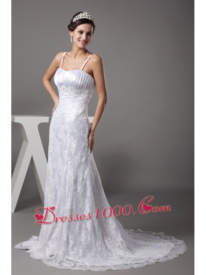 A-line Spaghetti Straps Lace Court Train Wedding Dress