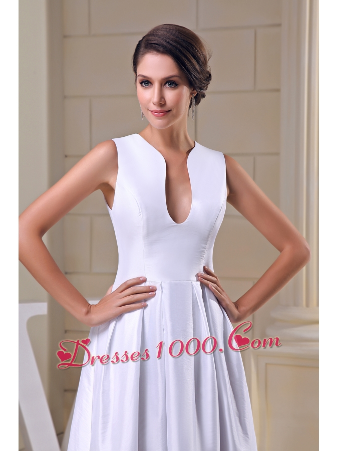 A-line V-neck Ankle-length Taffeta Wedding Dress