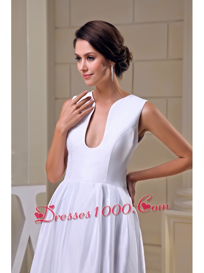 A-line V-neck Ankle-length Taffeta Wedding Dress