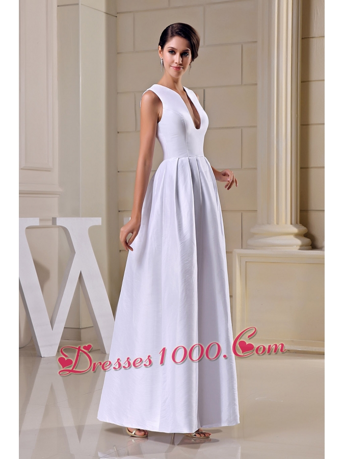 A-line V-neck Ankle-length Taffeta Wedding Dress