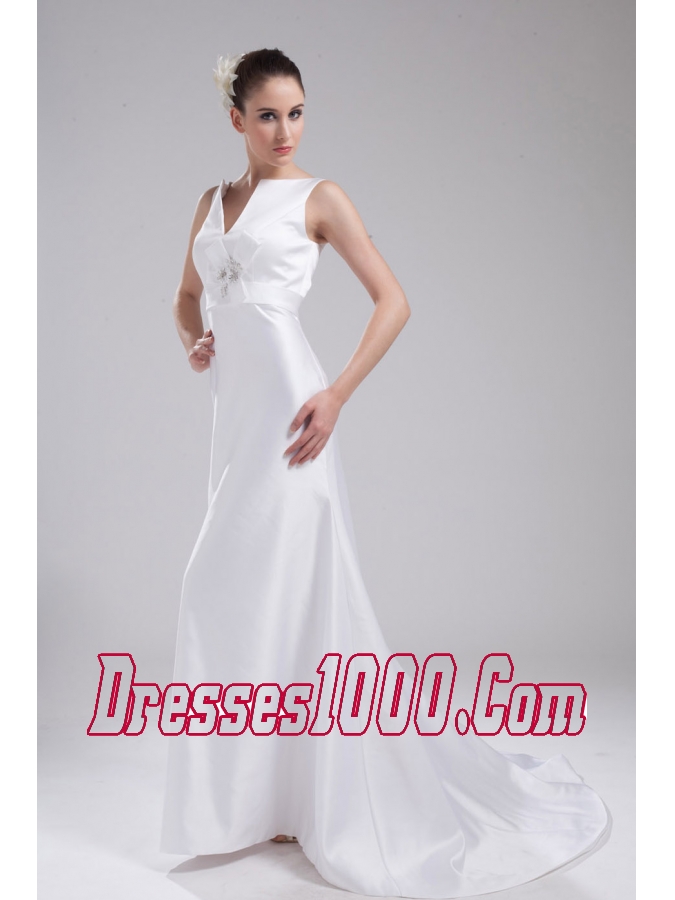 A-line V-neck Hand Made Flower Satin Wedding Dress