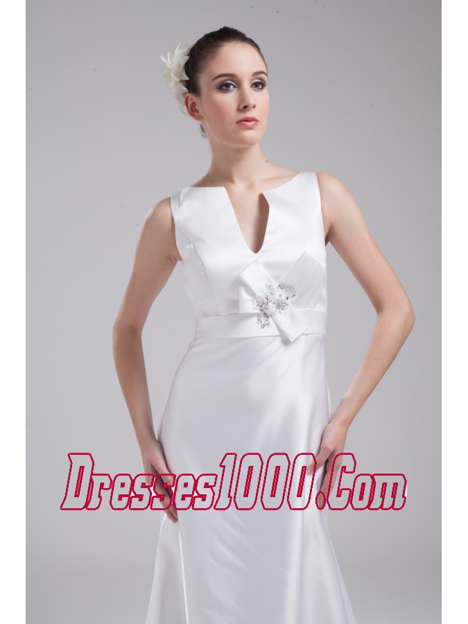 A-line V-neck Hand Made Flower Satin Wedding Dress
