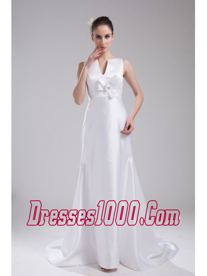 A-line V-neck Hand Made Flower Satin Wedding Dress
