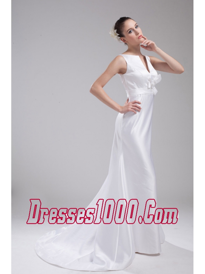 A-line V-neck Hand Made Flower Satin Wedding Dress