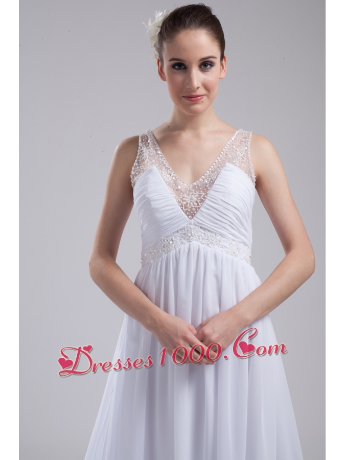 A-line V-neck Ruching Beading Wedding Dress