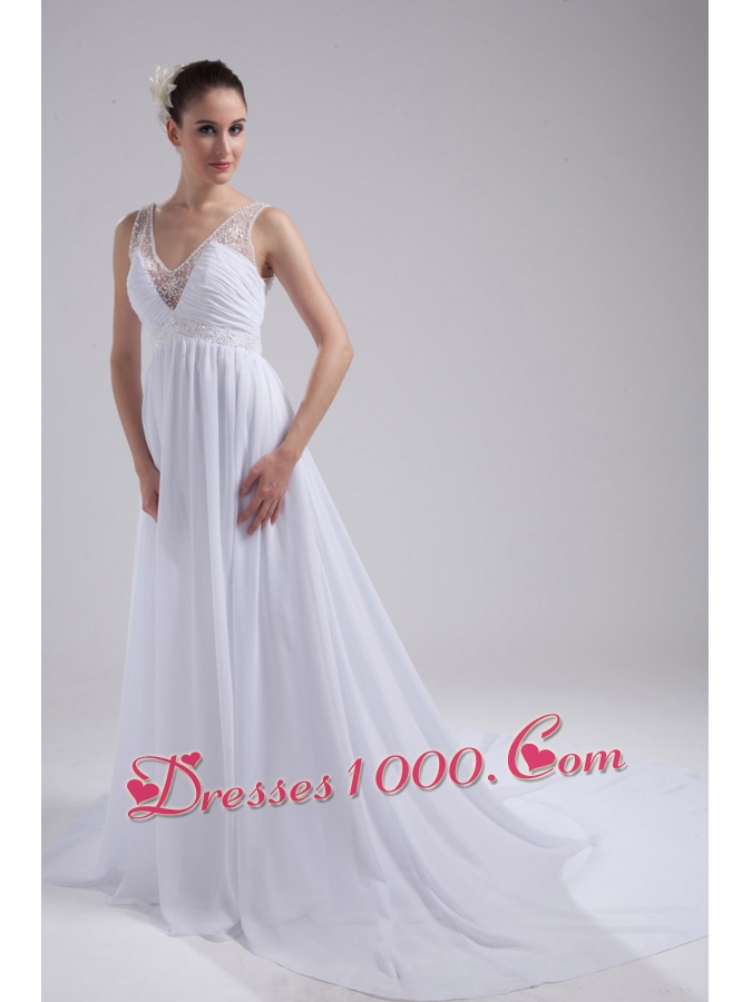 A-line V-neck Ruching Beading Wedding Dress