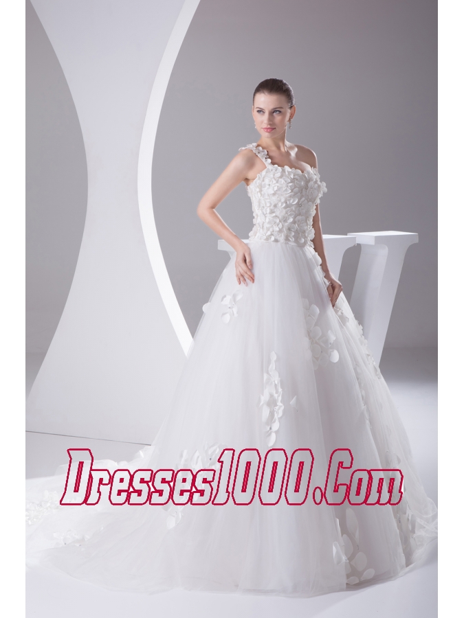 Appliques and Lace A-Line One Shoulder Court Train Wedding Dress