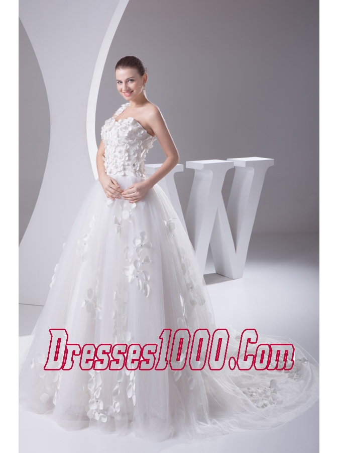 Appliques and Lace A-Line One Shoulder Court Train Wedding Dress