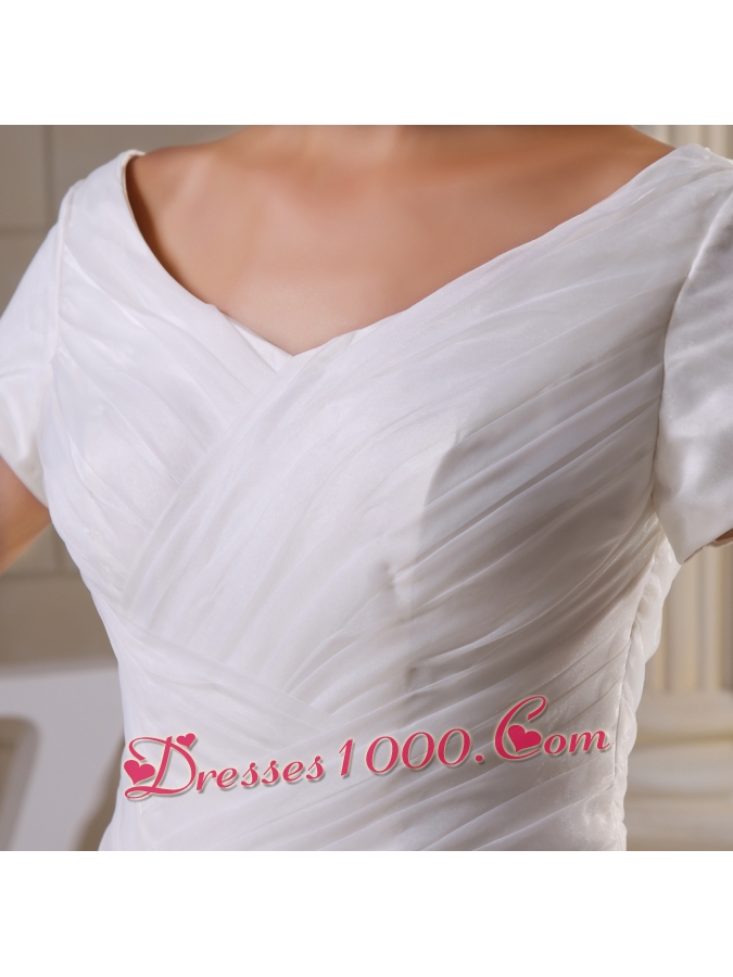 Appliques and Ruching V-neck Short Sleeves Wedding Dress