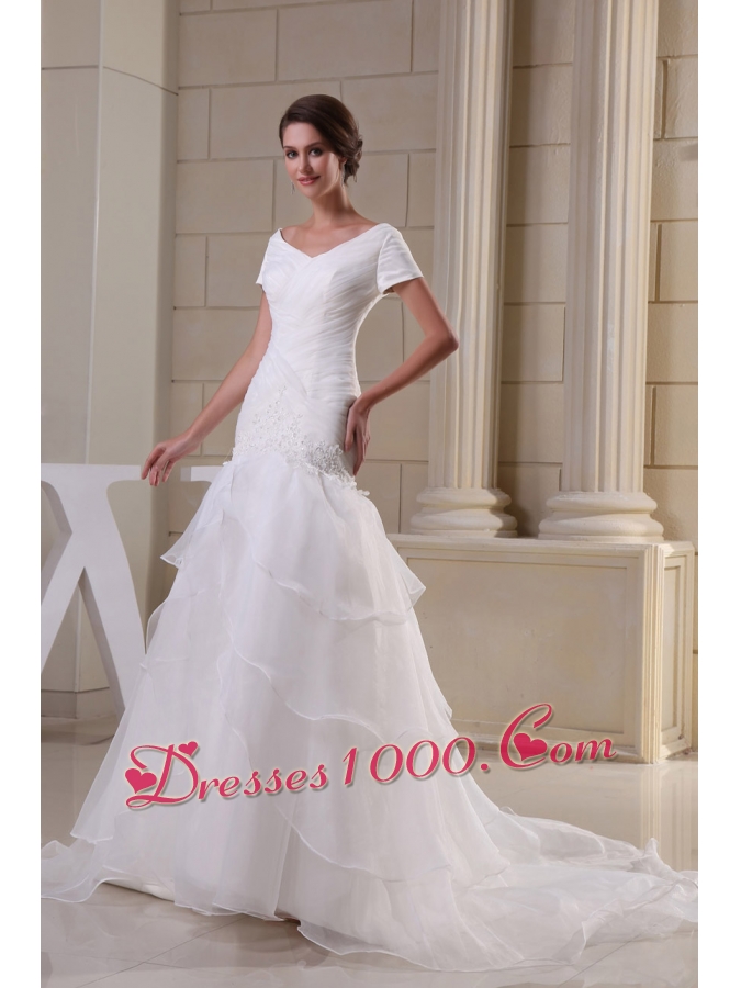 Appliques and Ruching V-neck Short Sleeves Wedding Dress