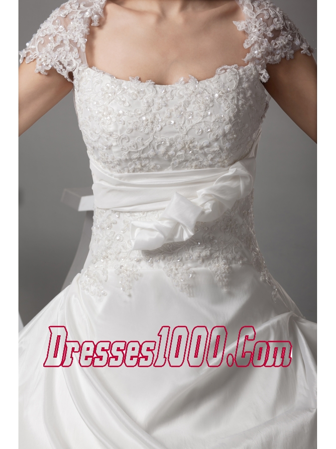 Appliques Ball Gown Cap Sleeves Square Neck Wedding Dress