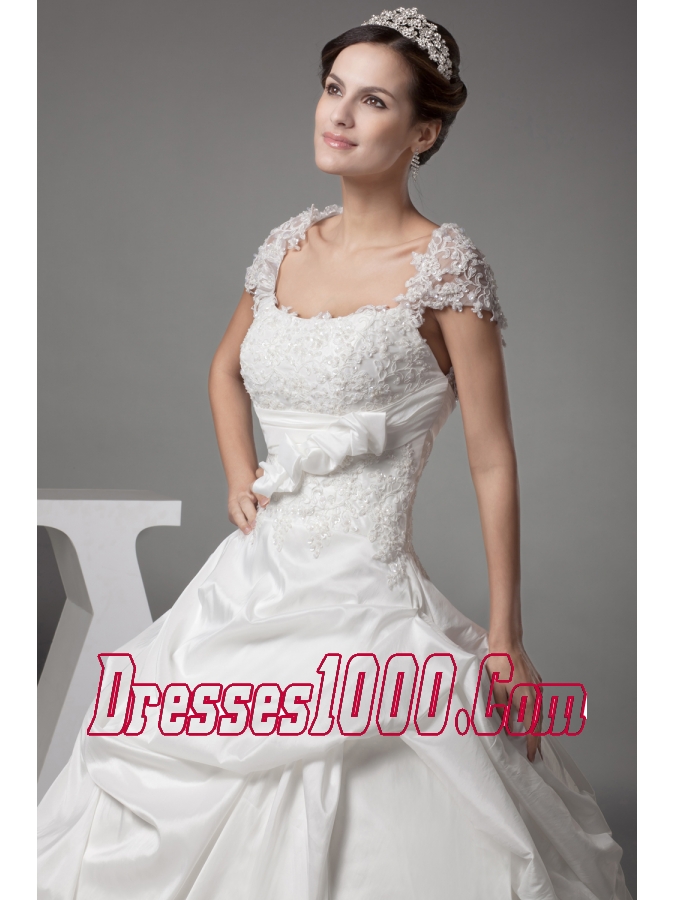 Appliques Ball Gown Cap Sleeves Square Neck Wedding Dress