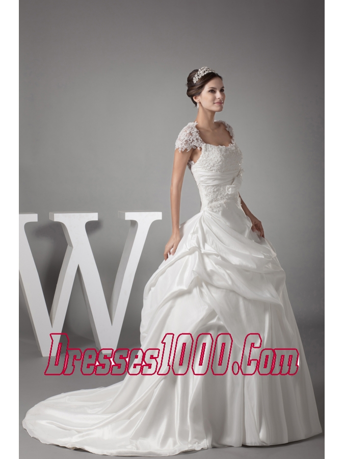 Appliques Ball Gown Cap Sleeves Square Neck Wedding Dress