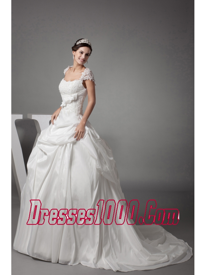 Appliques Ball Gown Cap Sleeves Square Neck Wedding Dress