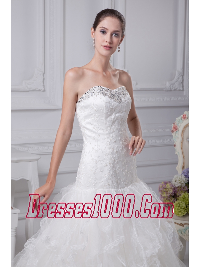 Appliques Court Train Mermaid Strapless Wedding Dress