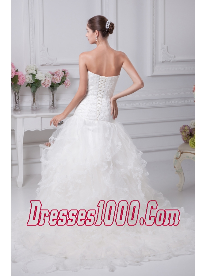 Appliques Court Train Mermaid Strapless Wedding Dress