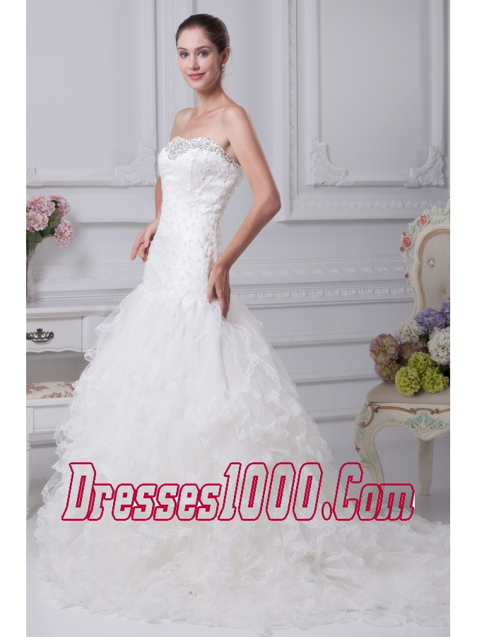 Appliques Court Train Mermaid Strapless Wedding Dress