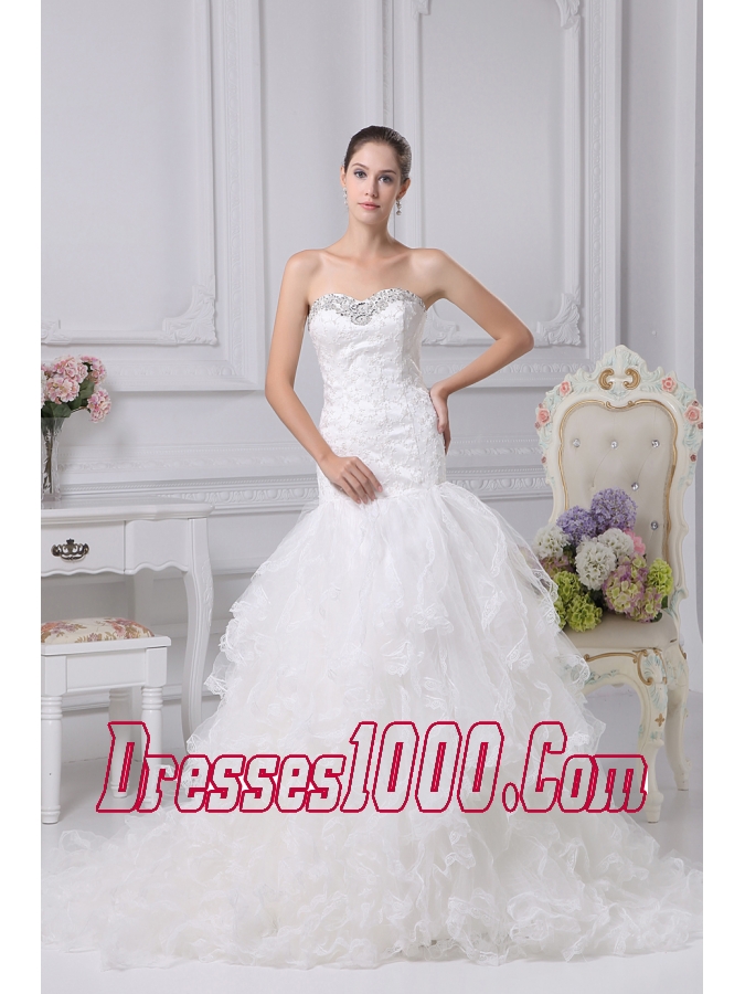 Appliques Court Train Mermaid Strapless Wedding Dress