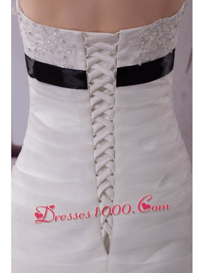 Appliques Halter Brush Train A-Line Wedding Dress in White