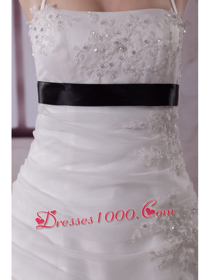 Appliques Halter Brush Train A-Line Wedding Dress in White