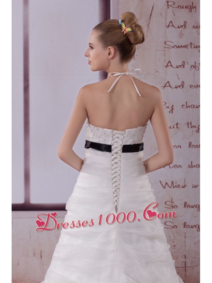 Appliques Halter Brush Train A-Line Wedding Dress in White