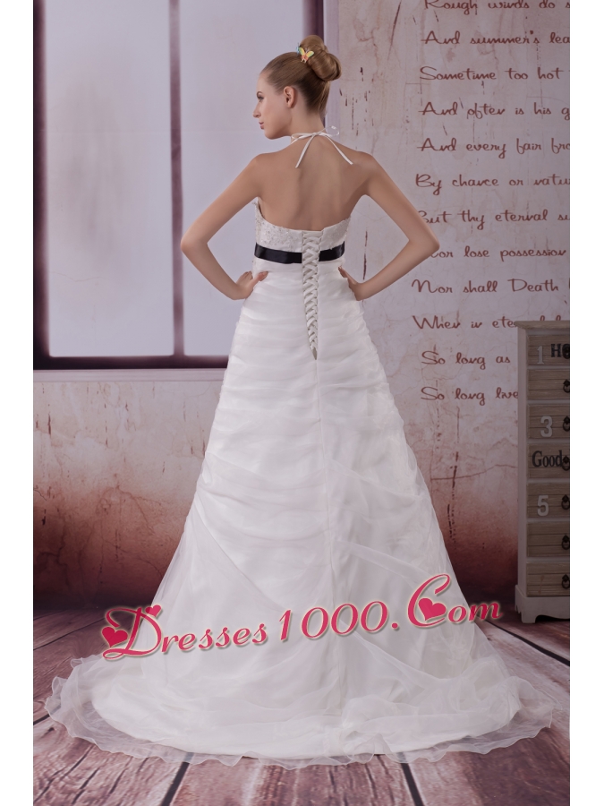 Appliques Halter Brush Train A-Line Wedding Dress in White