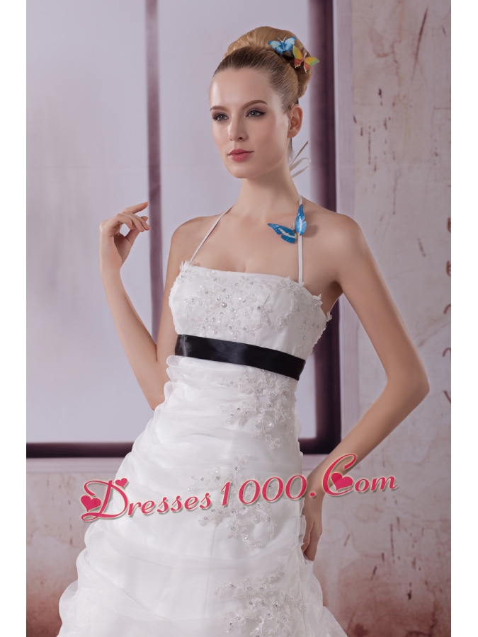 Appliques Halter Brush Train A-Line Wedding Dress in White