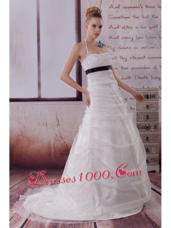 Appliques Halter Brush Train A-Line Wedding Dress in White