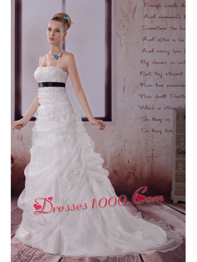 Appliques Halter Brush Train A-Line Wedding Dress in White