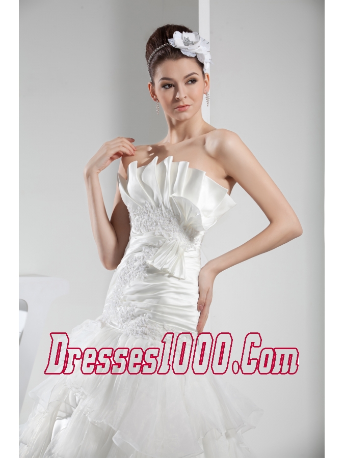 Appliques Pleats Strapless A-line Court Train Ruffled Layers Wedding Dress