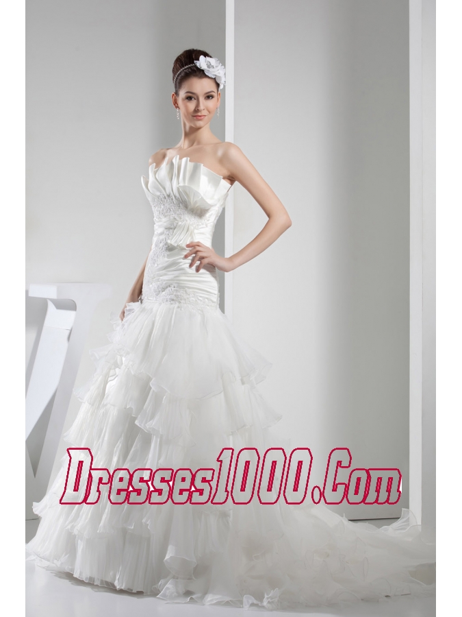 Appliques Pleats Strapless A-line Court Train Ruffled Layers Wedding Dress