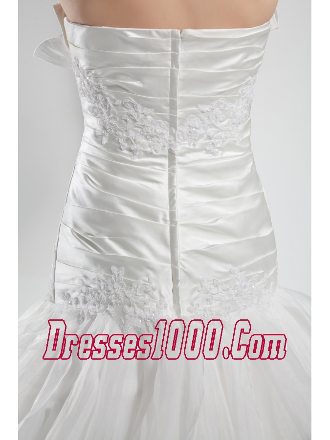 Appliques Pleats Strapless A-line Court Train Ruffled Layers Wedding Dress